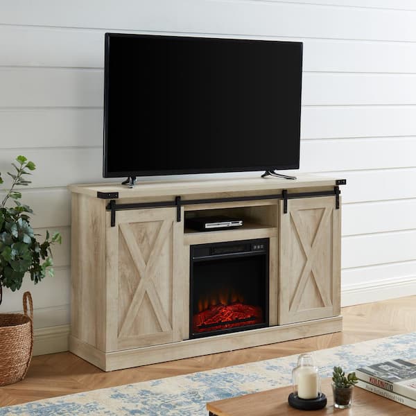 Edyo Living 54 In Rustic Farmhouse, Tv Stand With Fireplace White Oak