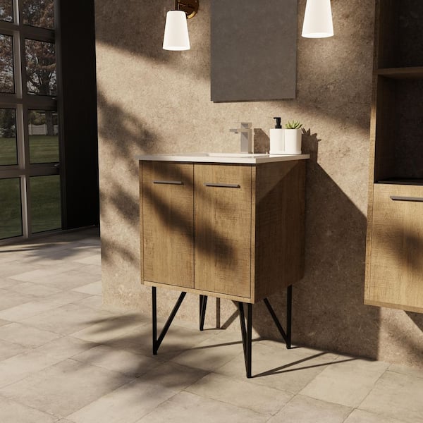 Lancy 24 in W x 20 in D Rustic Acacia Bath Vanity, White Quartz Top and Gun Metal Faucet Set