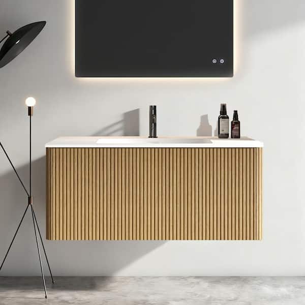 FAMYYT 36 in. W Pre-assembled Single Sink Freestanding Striped Oak