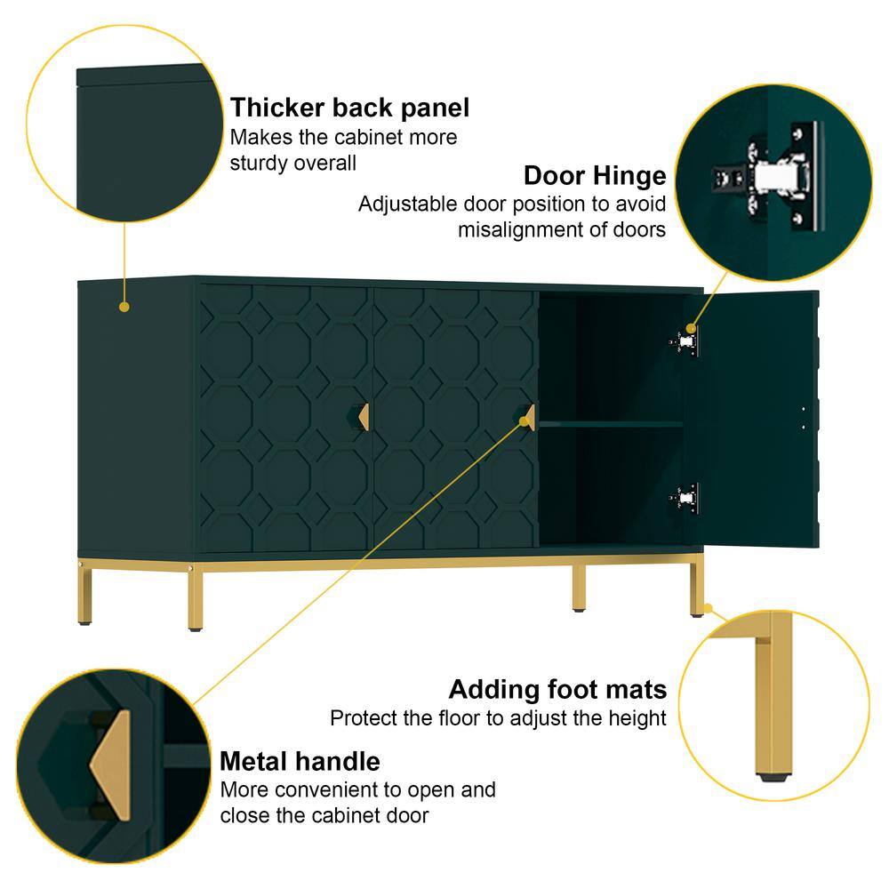 Green Embossed Pattern MDF 3-Door Accent Cabinet with Gold Legs