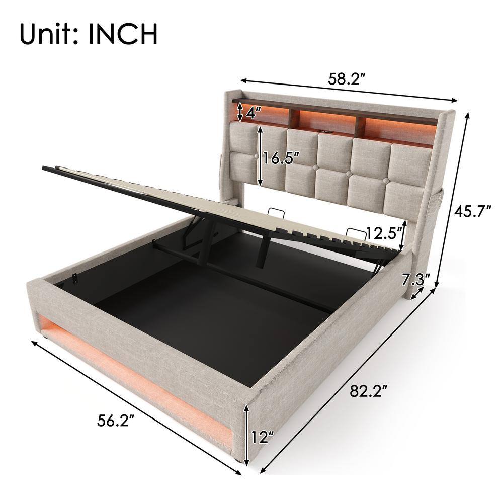Gray Wood Frame Full Linen Platform Bed with LED Lights, Hydraulic Storage, USB Charging, Storage Headboard, Pockets - thumbnail 3