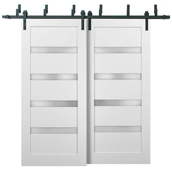 Sartodoors 48 in. x 84 in. 1-Panel 1/4 Lite Frosted Glass White Finished Solid Pine MDF Sliding Barn Door with Hardware Kit