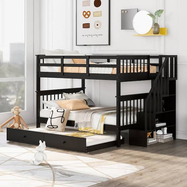 Harper & Bright Designs Espresso Full Over Full Bunk Bed with Twin Size Trundle and Storage Stairs