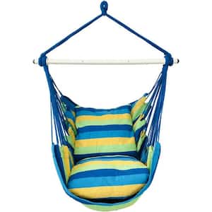 Hammock Chair Hanging Rope Swing - Max 500 lbs. 2-Cushions Included - Steel Spreader Bar with Rings (Blue Striped)