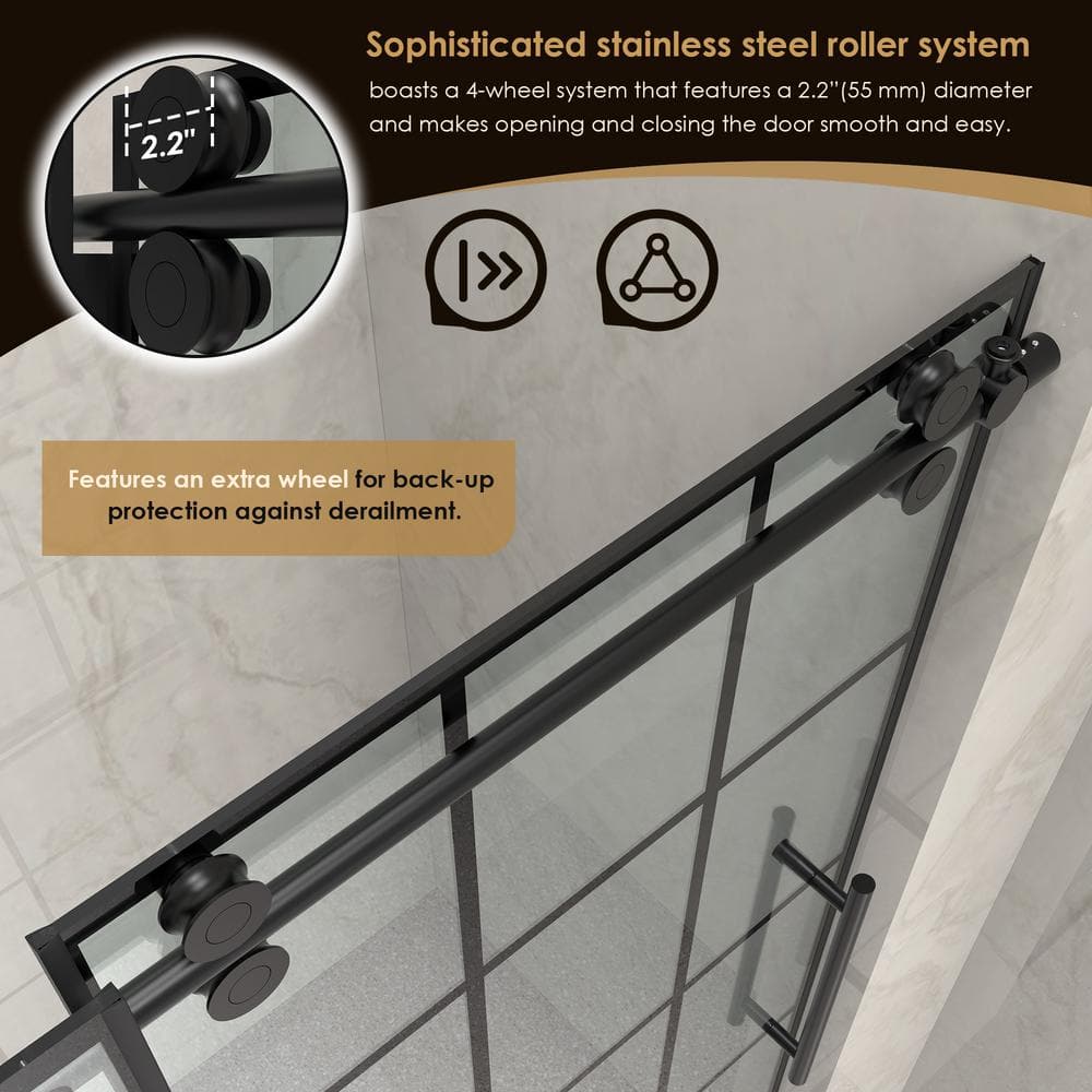 Esense 60" Matte Black Frameless Sliding Shower Door with Clear Glass