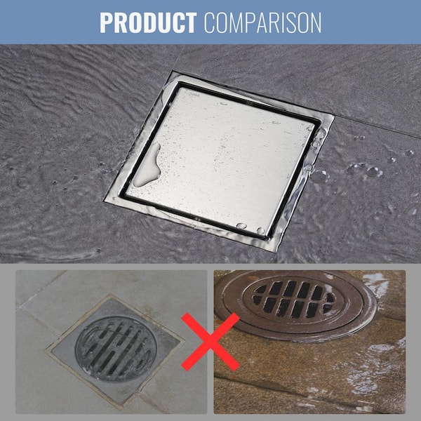 WOWOW Square Shower Drain 6 inch Brushed Nickel Floor Drain with Tile Insert Grate 304 Stainless Steel with Hair Strainer
