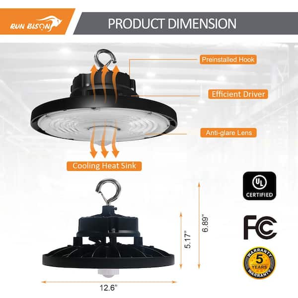RUN BISON 12.6 in. 150/200/240-Watt Selectable Dimmable Integrated LED UFO High Bay Light with Motion Sensor, Preinstalled Hook
