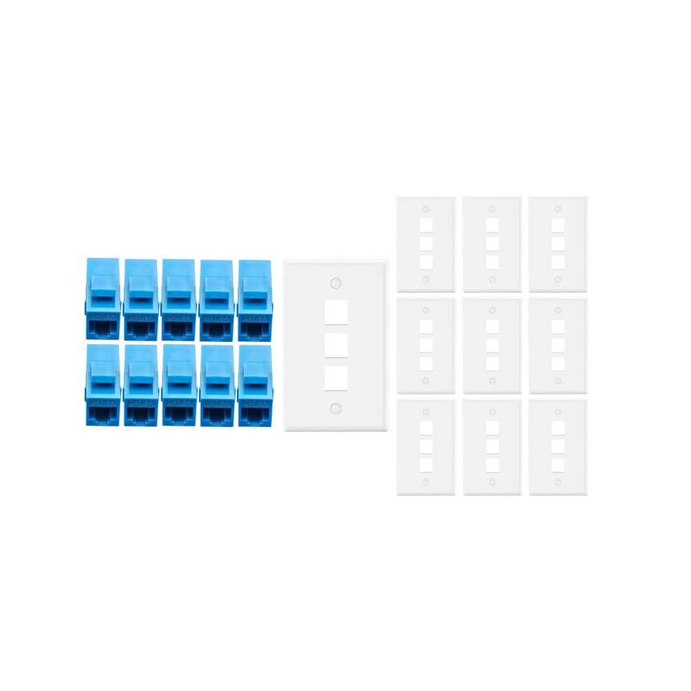 10-Pack 1-Gang White Keystone Plastic Wall Plate 3-Port & 10 Cat 6A RJ45 Keystone Inline Couplers Blue price history on PriceWatchPro