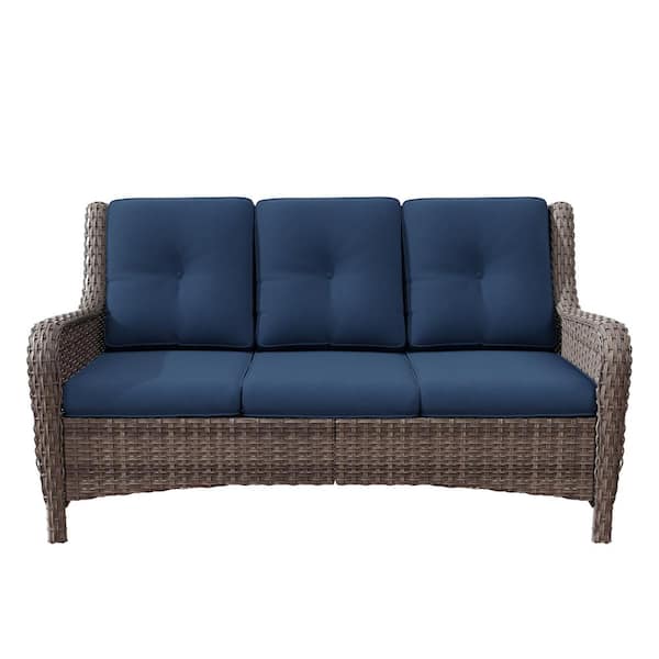 3-Seat Wicker Outdoor Couch Patio Sofa with Deep Seating and Blue Cushions