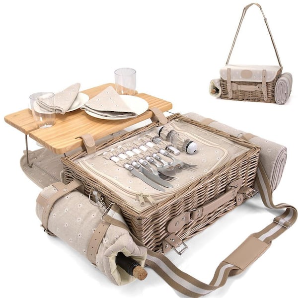 Insulated Multifunctional Wicker Picnic Basket Set with Blanket, Picnic Table and Full Tablewares for 2-Person, Flowers
