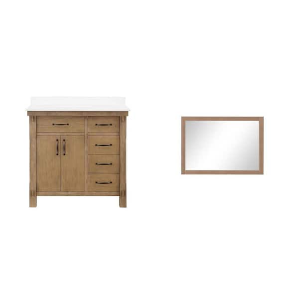 Bellington 36 in. Almond Toffee Vanity with White Stone Top and 28 in. x 40 in. Mirror in Almond Latte Combo