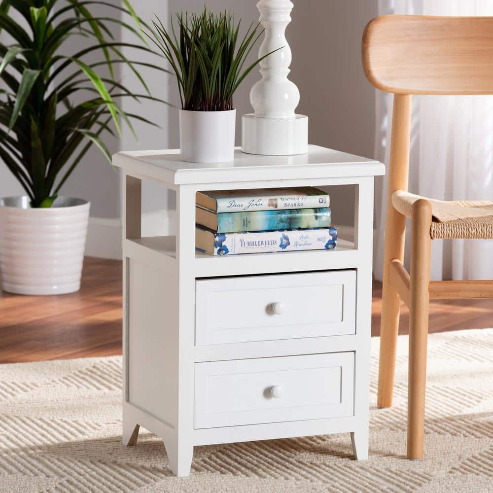 Modern Contemporary White Paulownia Wood 2-Drawer End Table
