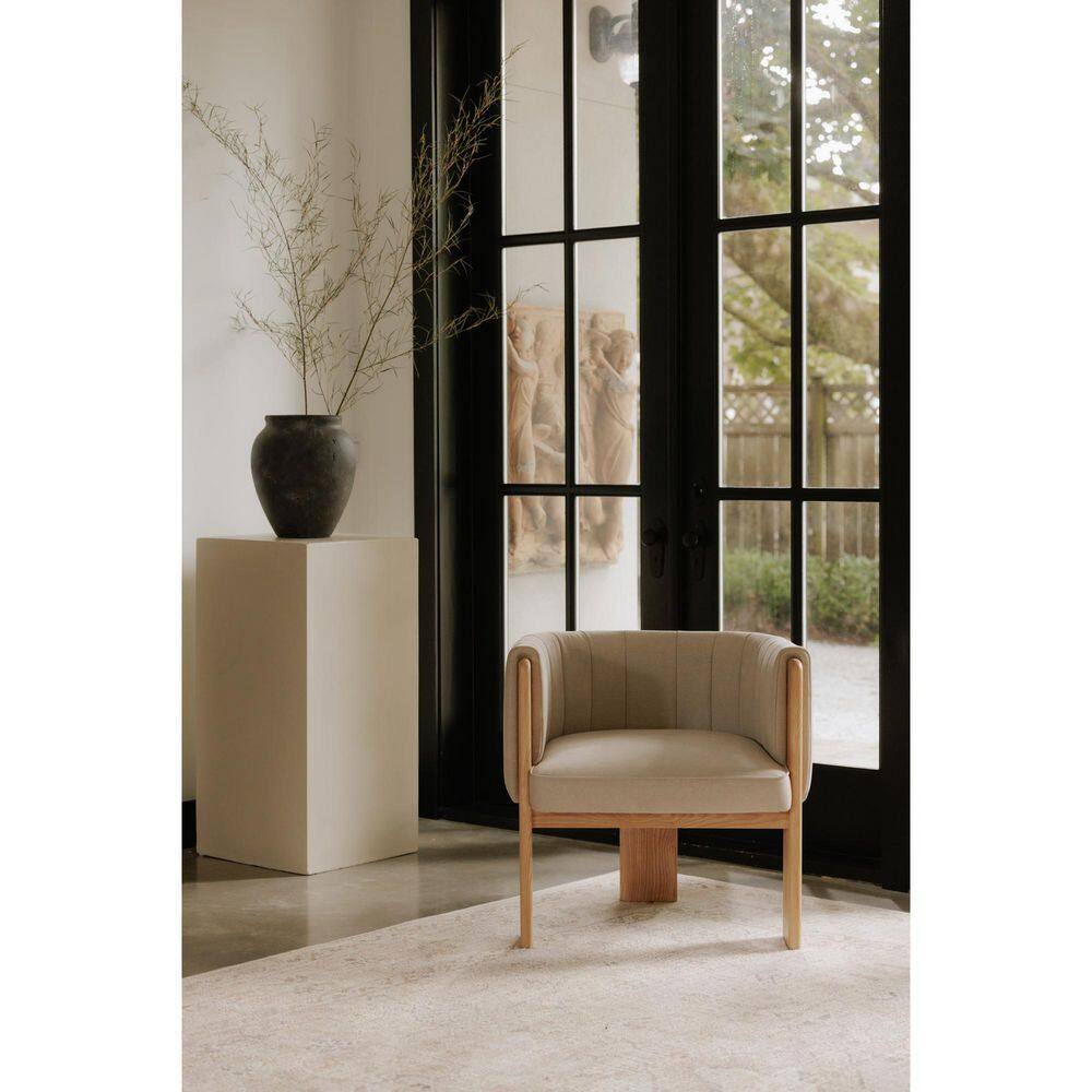 Beige Polyester Upholstered Barrel Chair with Natural Wood Frame