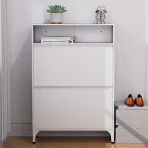 Modern 39.93 in. H x 9.45 in. W White Metal Shoe Cabinet with 2-Flip Drawers