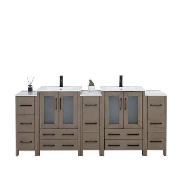 84 in. W x 18.1 in. D x 35.8 in. H Double Basin Driftwood Gray Bath Vanity with White Ceramic Top and Mirror