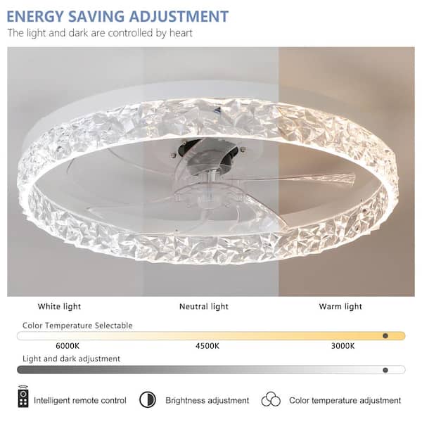 20in. W Integrated LED Ceiling Fan with Light Flush Mount, Dimmable/6 Speeds/Timer/Reversible/Memory (Blade and Crystal)