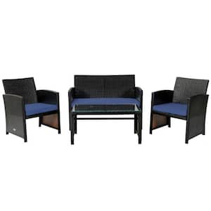 4-Piece Wicker Patio Conversation Set Rattan Furniture Set with Navy Cushions