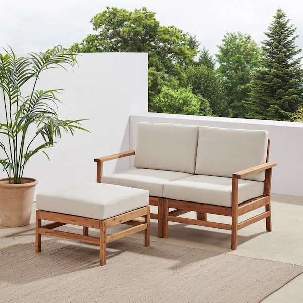 Walker Edison Furniture Company Brown 3-Piece Acacia Modern Patio Sectional Seating Conversation Set with Bisque Cushions