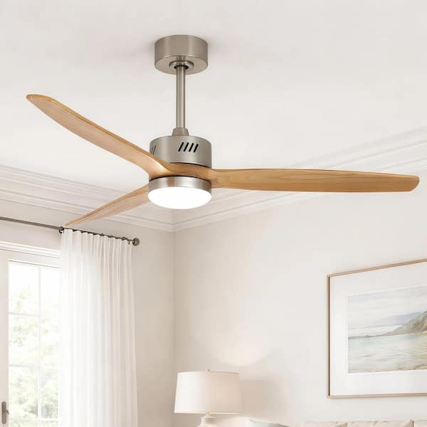 52 in. Integrated LED Indoor Nickel Downrod Standard Ceiling Fan with Oak Blades, Dimmable Light,Remote,DC Motor
