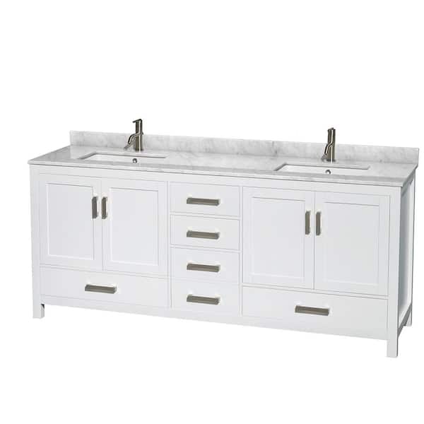 Wyndham Collection Sheffield 80 in. Double Vanity in White with Marble Vanity Top in Carrara White