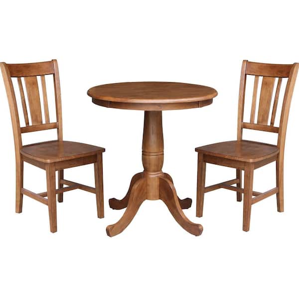 International Concepts 3 PC Set - Bourbon Oak 30 in. Solid Wood Round Dining Table and 2 Side Chairs