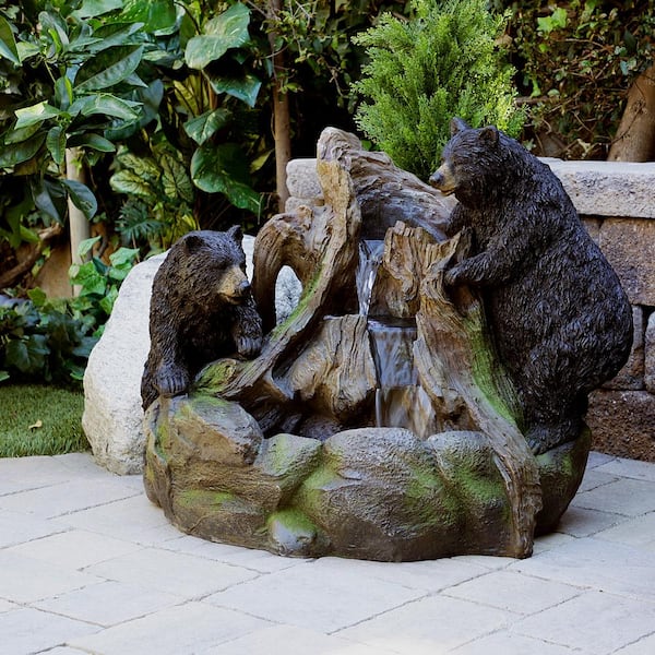 24 in. Tall Outdoor 2 Bears Climbing on Rainforest Water Fountain with LED Lights