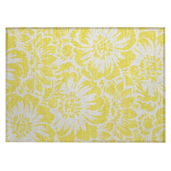 Yellow and Ivory 2 ft. x 3 ft. Woven Floral Rectangle Indoor/Outdoor Area Rug