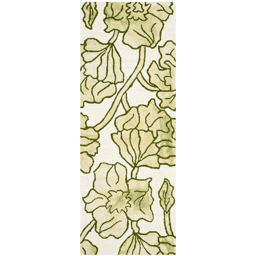 Ivory and Light Green Floral Wool Runner Rug, 2'3" x 6'
