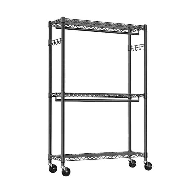 Avex 45 in. W x 80 in. H Black Carbon Steel 3 Tiers Wire Shelving Rolling Clothes Rack with 2 Rods and Side Hooks