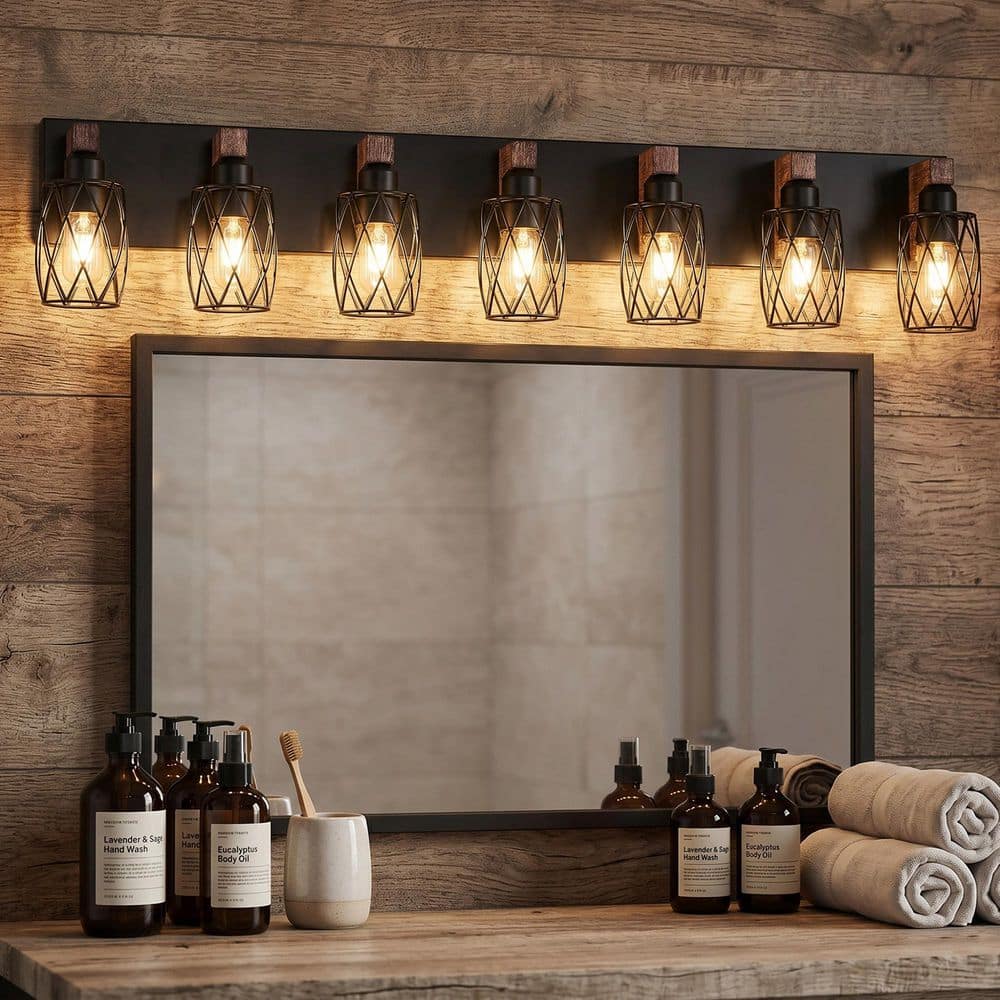 44 in. 7 Light Black Vanity Light Cage Wall Lighting Fixture with Wooden Accents for Bathroom Hallway price history on PriceWatchPro