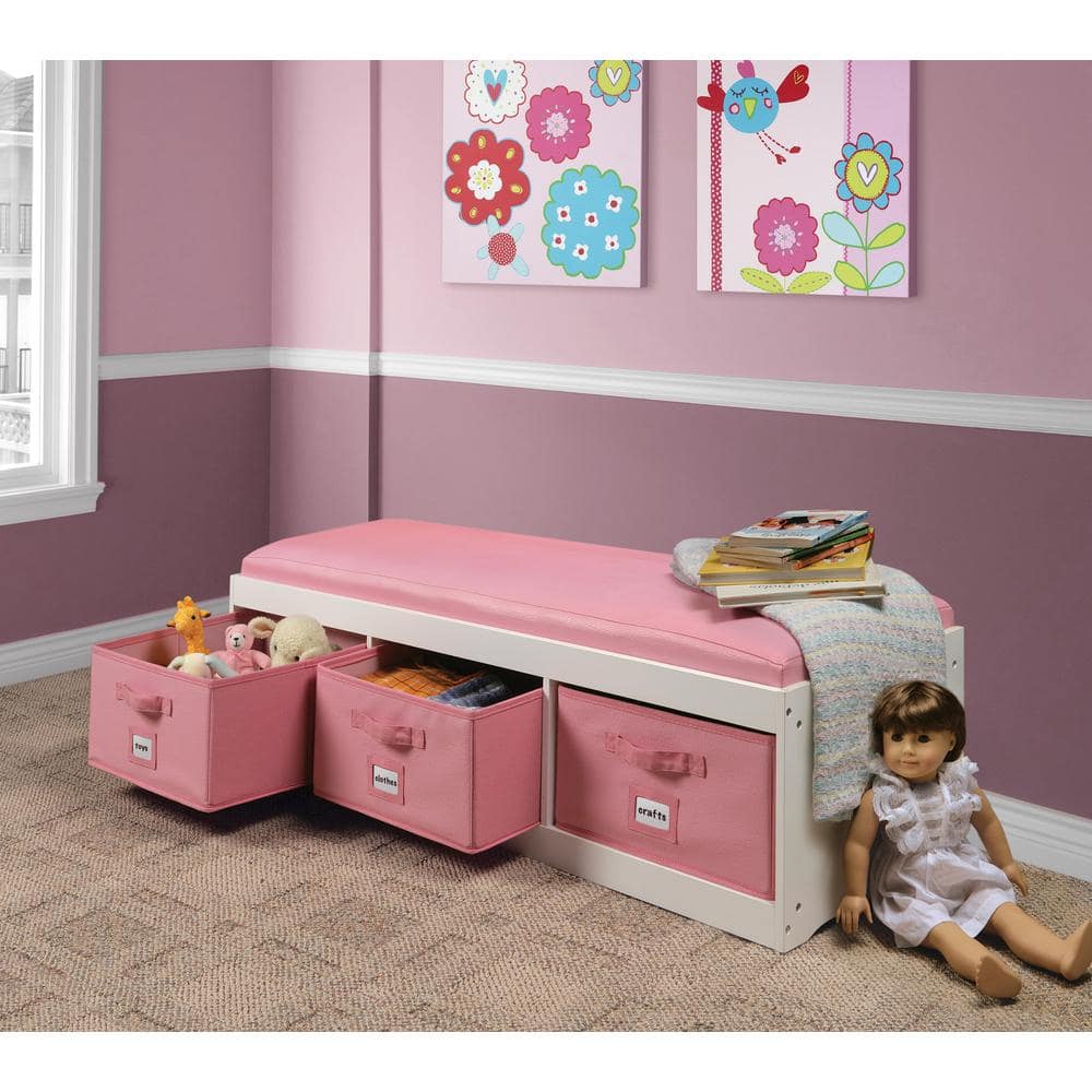 White and Pink MDF Kids Storage Bench with Cushion and Bins