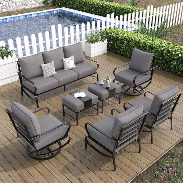 Gray 7-Person Iron Metal Material Outdoor Conversation Set With Gray Cushions