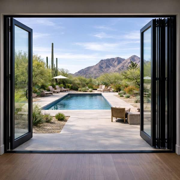 120 in. x 96 in. Black Aluminum 1-Left Opening/3-Right Folding Outswing 4-Panel Bi Fold Patio Door 1L3R (Interior View)