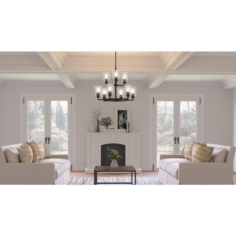 McIntire Matte Black 9-Light Chandelier with Clear Seedy Glass