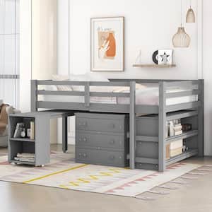 Gray Full Size Low Study Loft Bed with Cabinet, Shelves and Rolling Portable Desk