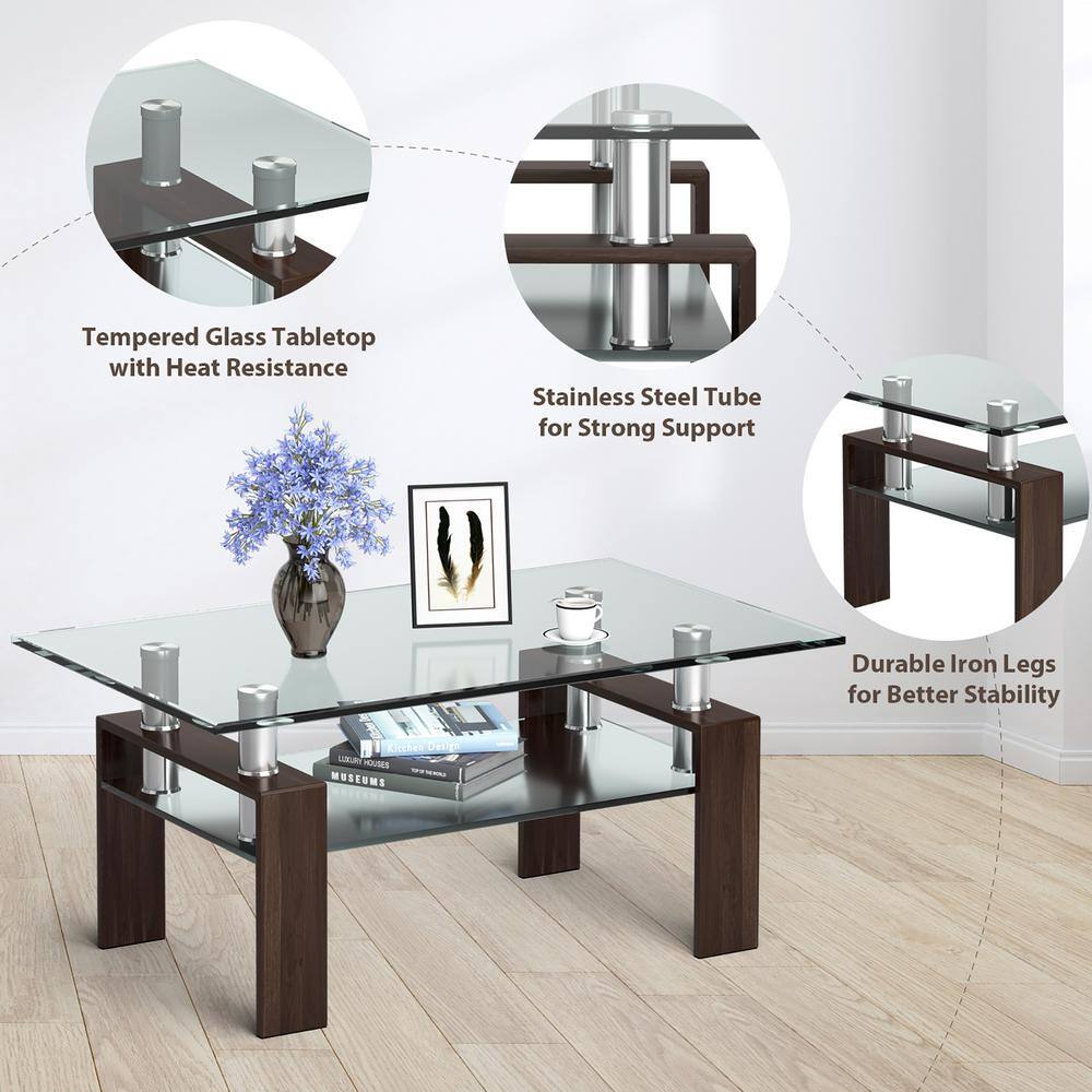 Rectangular Coffee Glass and Metal Coffee Table with Shelf