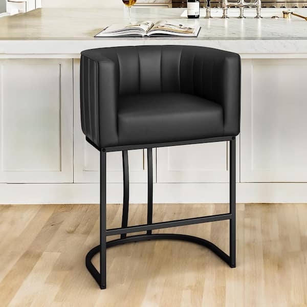 Siska 26 in. Modern Black Faux Leather Upholstered Counter Stool with Black Metal Frame Barrel Counter Bar Stool