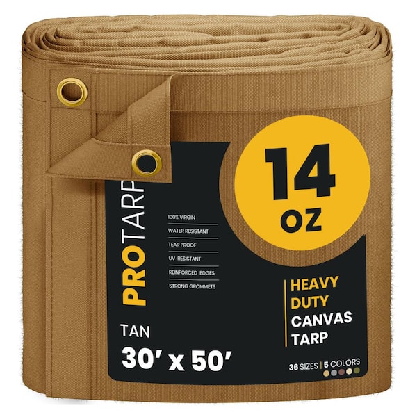 Heavy Duty 14 OZ Water Resistant Canvas Tarp, UV Resistant Tarpaulin Cover Tan 30 ft. x 50 ft.