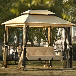 Black Metel Patio Swing Gazebo Daybed with Beige Cushions and Khaki Mosquito Net