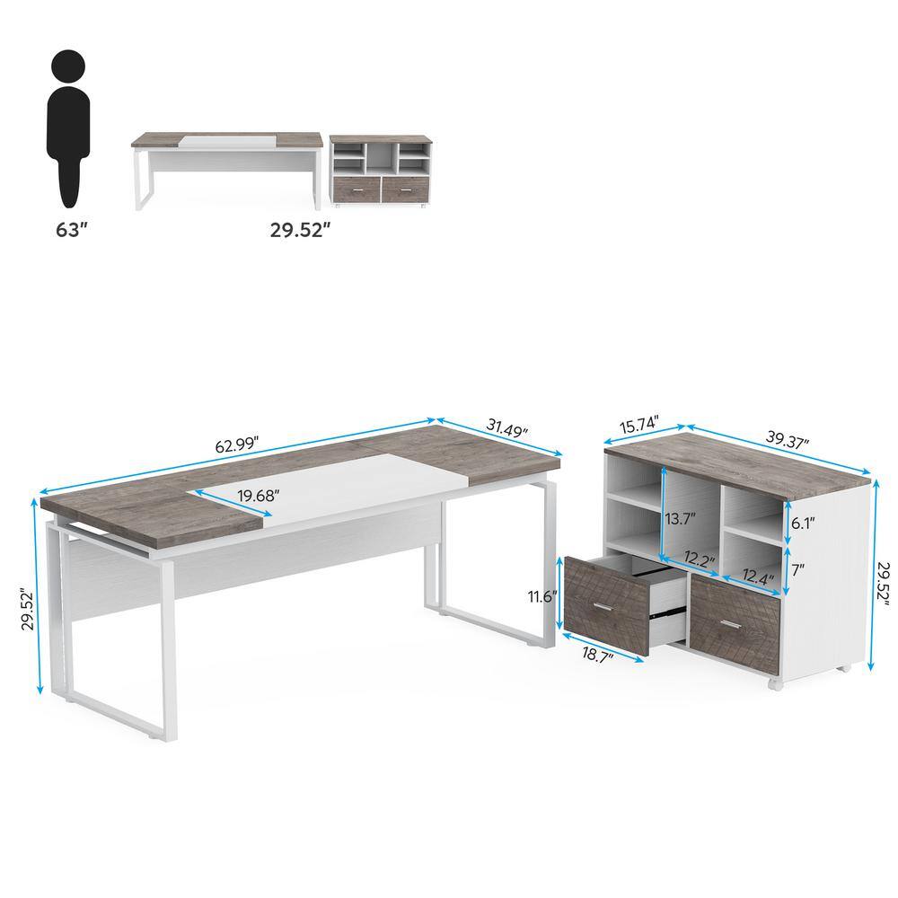 Tribesigns 63" Gray and White L-Shaped Executive Desk with Reversible File Cabinet