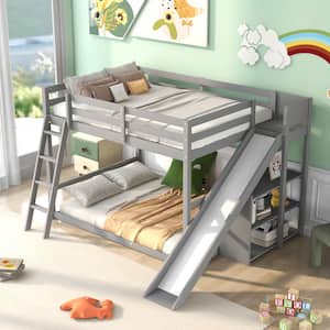 Gray Full over Full Wooden Bunk Bed with Slide, Shelves and Ladder