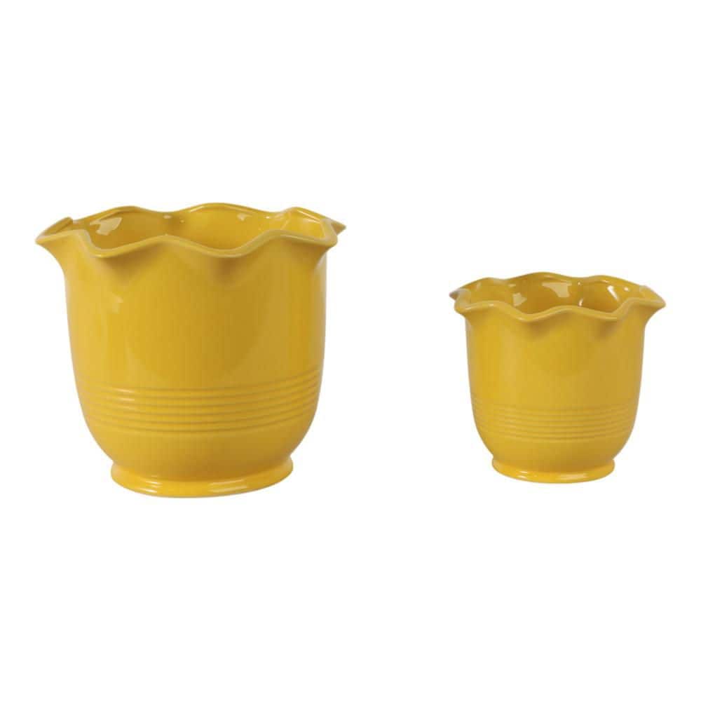 6 in. and 8 in. Yellow Ceramic Round Fluted Decorative Pots (Set of 2)