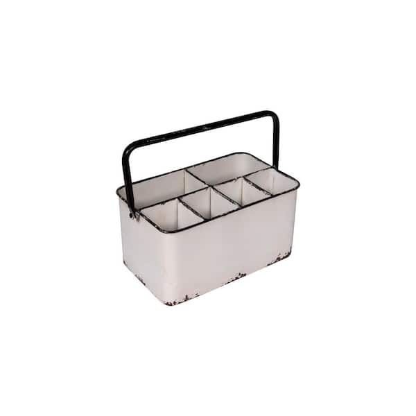 Distressed Metal Storage Caddy with 6 Compartments and Handle, White and Black