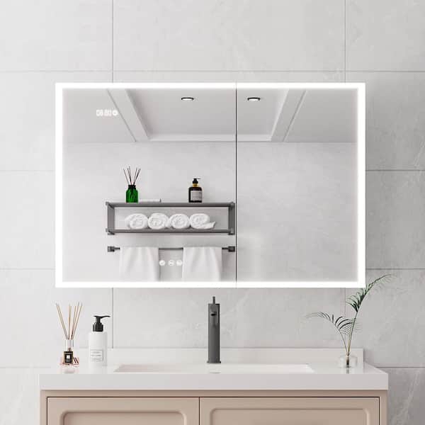 36 in. W x 24 in. H Rectangular Aluminum Surface Mount Medicine Cabinet with Mirror and Light, 2-Outlets and USB Ports