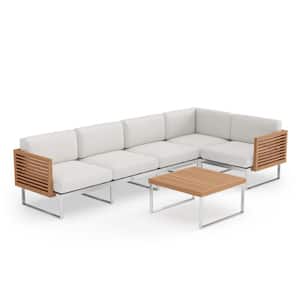 Monterey 5 Seater 6 Piece Stainless Steel Teak Outdoor Outdoor Sectional Set with Canvas Natural Cushions