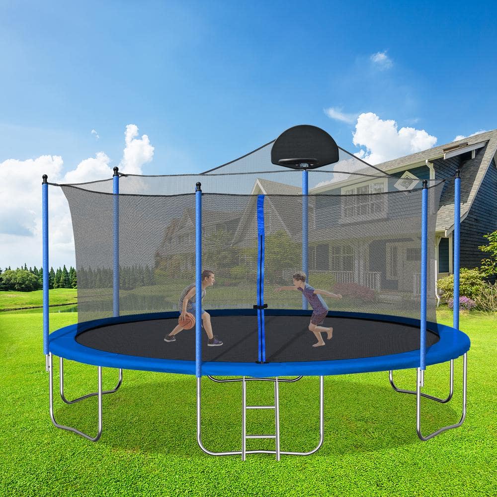 SUNRINX 14 ft. Blue Round Trampoline with Safety Enclosure Net and Basketball Hoop