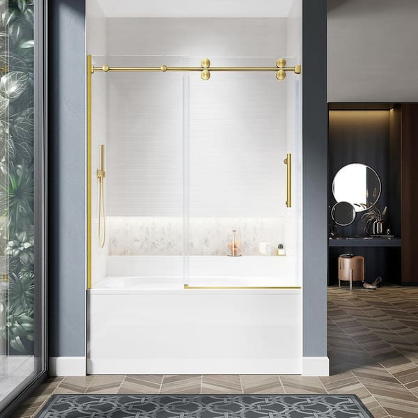 UKS04 56 to 60 in. W x 66 in. H U-Channel Sliding Frameless Bathtub Door, Satin Brass, 3/8 in. Opti-White Clear Glass