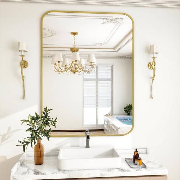 GLSLAND 30 in. W x 39 in. H Large Rectangular Metal Framed Wall Bathroom Vanity Mirror Gold