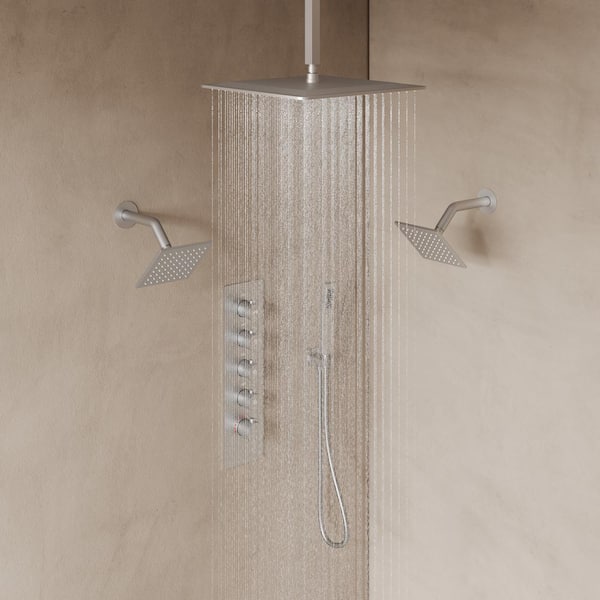 EVERSTEIN 15-Spray Patterns Thermostatic 16, 6 in.Dual Shower Head Wall Mount Fixed Shower Head in Brushed Nickel (Valve Included)
