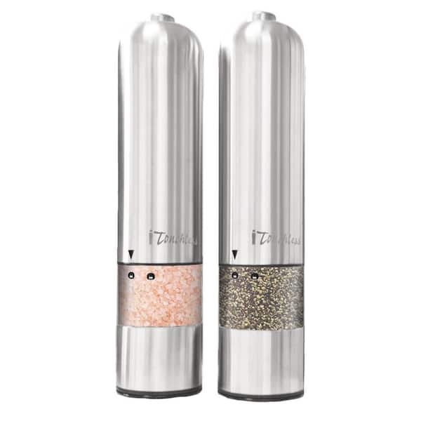 Homiu Salt and Pepper Mill Electronic Set One Touch Stainless Steel Fully Automatic Illuminated Bottom 228 X 50 X 50 Millimetres Available in Red Black Silver Or Copper Black with Stand
